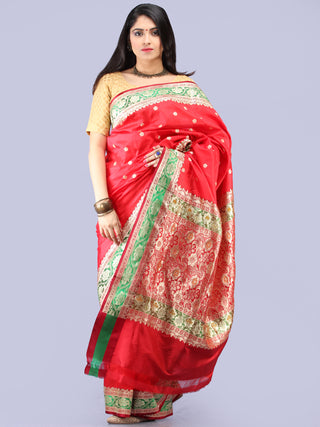 Banarasee Katan Silk Handloom Saree With Zari Work  - Red Green & Gold - S031704295