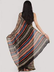 Beige Red Black Hand Block Printed Chiffon Saree With Zari Border - S031704689
