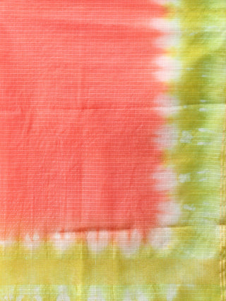 Kota Doria Tie & Die Dupatta  With Zari Border - Coral & Green - D04170899