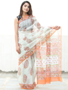 White Orange Green Hand Block Printed Kota Doria Saree  - S031704114