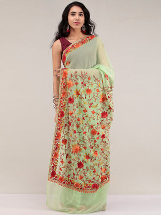 Light Green Aari Embroidered Georgette Saree From Kashmir - S031704630