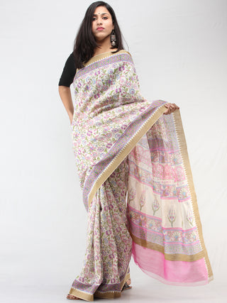 White Lilac Hand Block Printed Chanderi Saree With Geecha Border - S031704461
