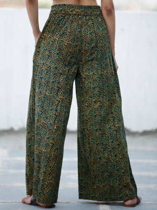 Green Yellow Maroon Ajrakh Hand Block Printed Semi Elasticated Waist Pleated Cotton Palazzo - P11F1690