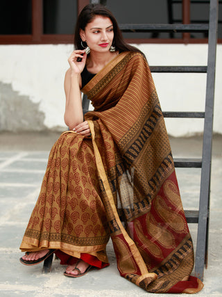 Brown Maroon Black Bagh Hand Block Printed Maheswari Silk Saree - S031703824