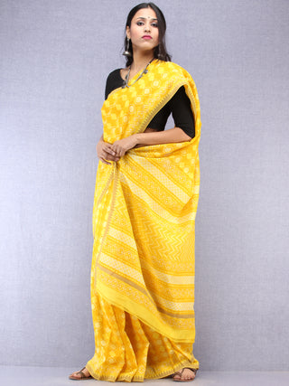 Yellow Hand Block Printed Chanderi Saree With Geecha Border - S031704511