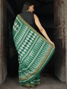 Green White Chanderi Silk Hand Block Printed Saree With Geecha Border - S031703987