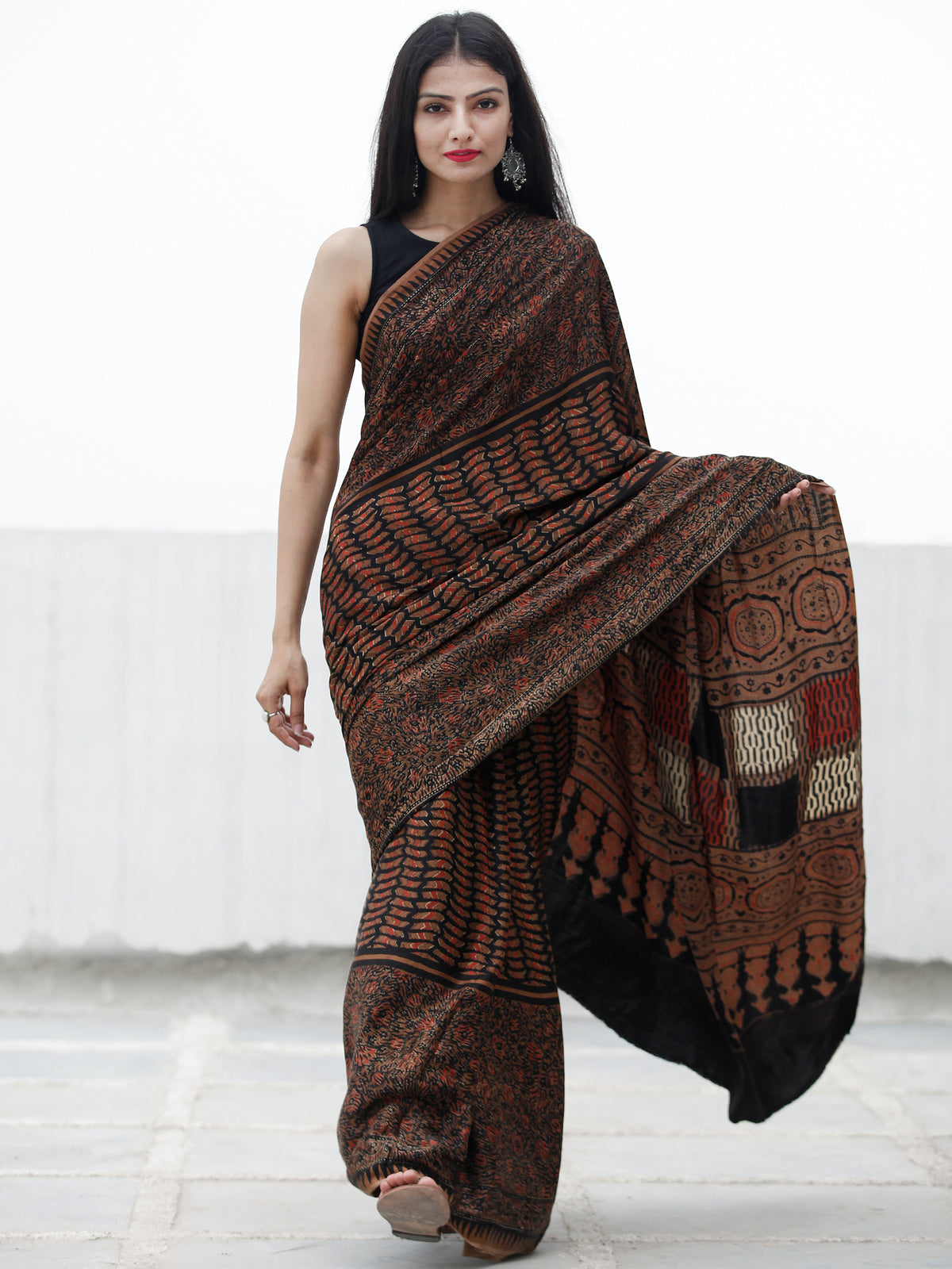 Coffee Brown Black Red Ivory Ajrakh Hand Block Printed Modal Silk Saree in Natural Colors - S031703701