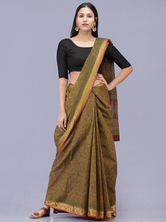 Olive Green Maroon Black Bagh Printed Maheshwari Cotton Saree - S031704173