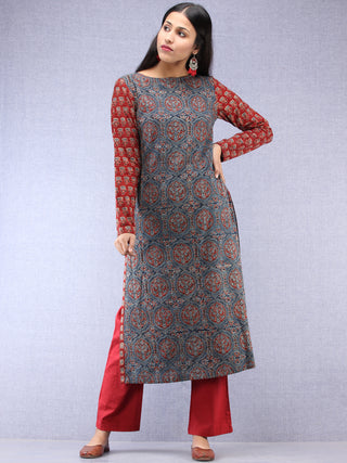 Indigo Red Ajrakh Hand Block Printed Straight Kurta  - K73BPA143