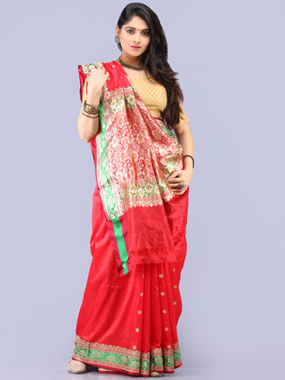 Banarasee Katan Silk Handloom Saree With Zari Work  - Red Green & Gold - S031704295