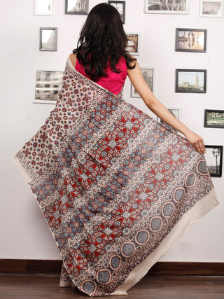 Beige Red Indigo Mughal Nakashi Ajrakh Hand Block Printed  Cotton Mul Saree - S031704068
