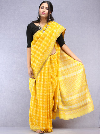 Yellow Hand Block Printed Chanderi Saree With Geecha Border - S031704511