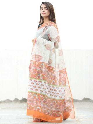 White Orange Green Hand Block Printed Kota Doria Saree  - S031704114