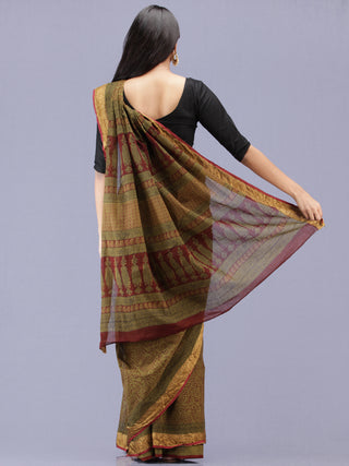 Olive Green Maroon Black Bagh Printed Maheshwari Cotton Saree - S031704173