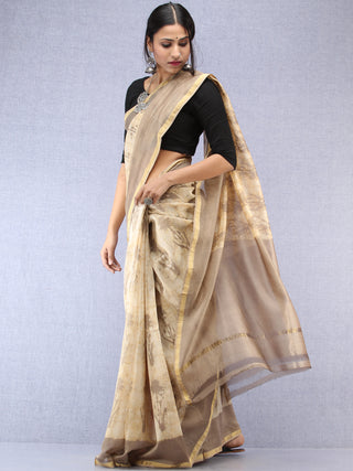 Kashish Ivory Hand Block Printed Maheshwari Silk Saree With Zari Border - S031704486