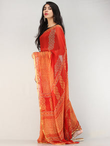 Red Yellow Hand Block Printed Chiffon Saree with Zari Border - S031704559
