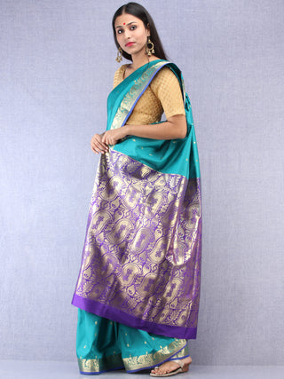 Banarasee Art Silk Saree With Zari Work - Green Purple & Gold - S031704407