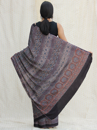 Indigo Charcoal Black Red Ajrakh Hand Block Printed Modal Silk Saree - S031704122