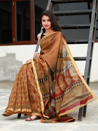 Brown Maroon Black Bagh Hand Block Printed Maheswari Silk Saree - S031703824