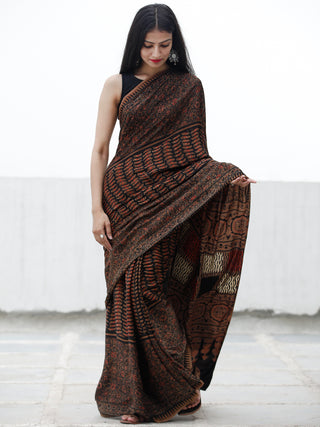 Coffee Brown Black Red Ivory Ajrakh Hand Block Printed Modal Silk Saree in Natural Colors - S031703701