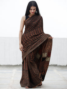 Coffee Brown Black Red Ivory Ajrakh Hand Block Printed Modal Silk Saree in Natural Colors - S031703701