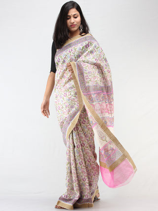 White Lilac Hand Block Printed Chanderi Saree With Geecha Border - S031704461