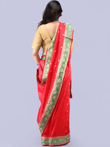 Banarasee Katan Silk Handloom Saree With Zari Work  - Red Green & Gold - S031704295