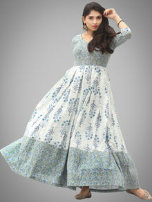 Saima - Grey Ivory Blue Block Printed Box Pleated Long Dress - D398F2042