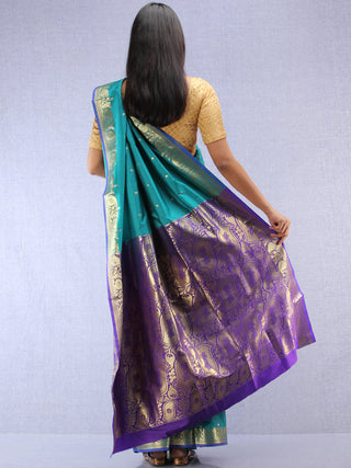 Banarasee Art Silk Saree With Zari Work - Green Purple & Gold - S031704407
