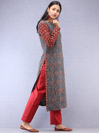 Indigo Red Ajrakh Hand Block Printed Straight Kurta  - K73BPA143
