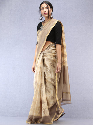 Kashish Ivory Hand Block Printed Maheshwari Silk Saree With Zari Border - S031704486