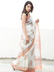 White Orange Green Hand Block Printed Kota Doria Saree  - S031704114