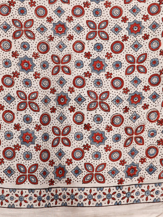 Beige Red Indigo Mughal Nakashi Ajrakh Hand Block Printed  Cotton Mul Saree - S031704068