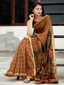 Brown Maroon Black Bagh Hand Block Printed Maheswari Silk Saree - S031703824