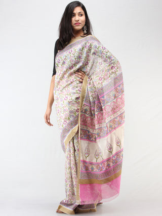 White Lilac Hand Block Printed Chanderi Saree With Geecha Border - S031704461