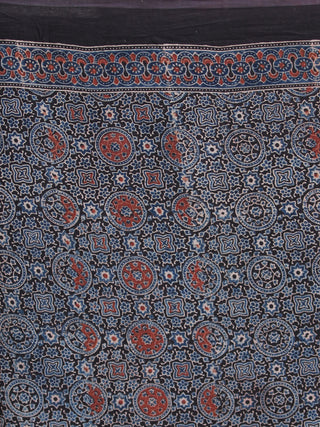 Indigo Charcoal Black Red Ajrakh Hand Block Printed Modal Silk Saree - S031704122