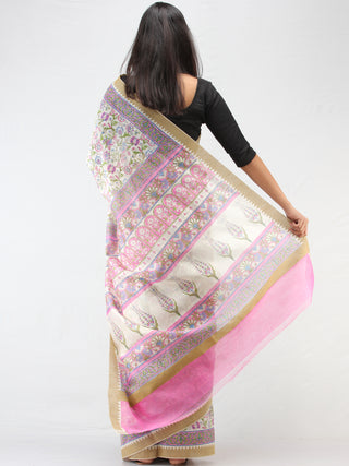 White Lilac Hand Block Printed Chanderi Saree With Geecha Border - S031704461