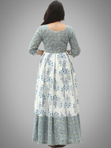 Saima - Grey Ivory Blue Block Printed Box Pleated Long Dress - D398F2042