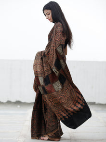 Coffee Brown Black Red Ivory Ajrakh Hand Block Printed Modal Silk Saree in Natural Colors - S031703701