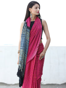 Pink Yellow Black Indigo Bandhej Modal Silk Saree With Ajrakh Printed Pallu & Blouse - S031703878