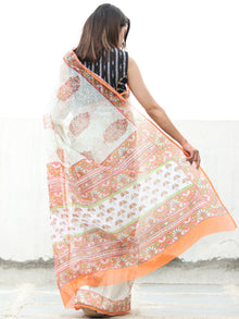 White Orange Green Hand Block Printed Kota Doria Saree  - S031704114
