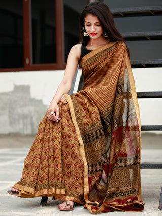 Brown Maroon Black Bagh Hand Block Printed Maheswari Silk Saree - S031703824