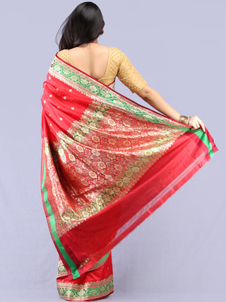 Banarasee Katan Silk Handloom Saree With Zari Work  - Red Green & Gold - S031704295
