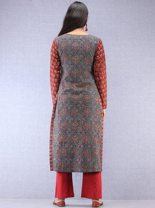 Indigo Red Ajrakh Hand Block Printed Straight Kurta  - K73BPA143