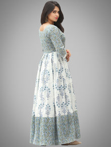 Saima - Grey Ivory Blue Block Printed Box Pleated Long Dress - D398F2042