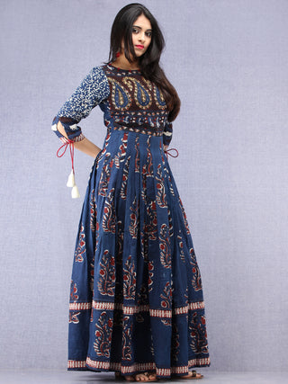 Naaz Tirana - Hand Block Mughal Printed Long Cotton Embroidered Dress - DS104F001
