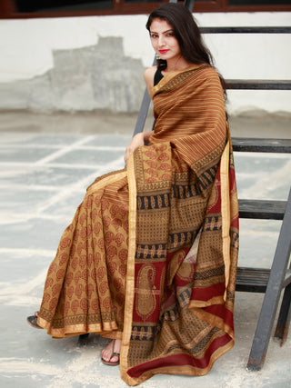 Brown Maroon Black Bagh Hand Block Printed Maheswari Silk Saree - S031703824