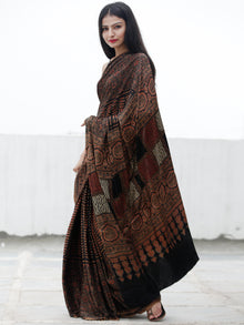 Coffee Brown Black Red Ivory Ajrakh Hand Block Printed Modal Silk Saree in Natural Colors - S031703701