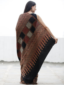 Coffee Brown Black Red Ivory Ajrakh Hand Block Printed Modal Silk Saree in Natural Colors - S031703701