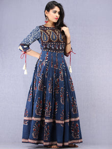 Naaz Tirana - Hand Block Mughal Printed Long Cotton Embroidered Dress - DS104F001